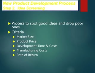  Process to spot good ideas and drop poor
ones
 Criteria
 Market Size
 Product Price
 Development Time & Costs
 Manufacturing Costs
 Rate of Return
New Product Development Process
Step 2. Idea Screening
 