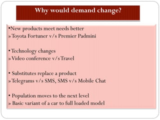 •New products meet needs better
»Toyota Fortuner v/s Premier Padmini
•Technology changes
»Video conference v/sTravel
• Substitutes replace a product
»Telegrams v/s SMS, SMS v/s Mobile Chat
• Population moves to the next level
» Basic variant of a car to full loaded model
 