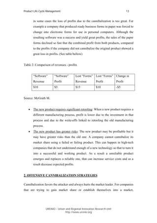 Product Life Cycle Management                                                     13


       in some cases the loss of profits due to the cannibalization is too great. For
       example a company that produced ready business forms in paper was forced to
       change into electronic forms for use in personal computers. Although the
       resulting software was a success and yield great profits, the sales of the paper
       forms declined so fast that the combined profit from both products, compared
       to the profits if the company did not cannibalize the original product showed a
       great loss in profits. (See table bellow)


Table 2: Comparison of revenues - profits


       “Software”       “Software”         Lost “Forms” Lost “Forms” Change in
       Revenue          Profit             Revenue       Profit          Profit
       $10              $5                 $15           $10             -$5


Source: McGrath M.


   •   The new product requires significant retooling: When a new product requires a
       different manufacturing process, profit is lower due to the investment in that
       process and due to the write-offs linked to retooling the old manufacturing
       process.
   •   The new product has greater risks: The new product may be profitable but it
       may have greater risks than the old one. A company cannot cannibalize its
       market share using a failed or failing product. This can happen in high-tech
       companies that do not understand enough of a new technology so that to turn it
       into a successful and working product. As a result a unreliable product
       emerges and replaces a reliable one, that can increase service costs and as a
       result decrease expected profits.


2. OFFENSIVE CANNIBALIZATION STRATEGIES

Cannibalization favors the attacker and always hurts the market leader. For companies
that are trying to gain market share or establish themselves into a market,




                  URENIO - Urban and Regional Innovation Research Unit
                                 http://www.urenio.org
 