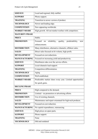 Product Life Cycle Management                                                           21


SERVICE                  Local and regional, fully staffed.
SUPPORT                  Phone support.
TRAINING                 Transition to newer version of product.
TECHNOLOGY               Newer and leading edge.
COMPETITION              New appearing worldwide.
MARKET SHARE             High growth. All out market warfare with competitors.
MATURITY PHASE
PRICE                    Stable.
PROMOTION                Focused    on      reliability,   quality,   predictability,    new
                         enhancements.
DISTRIBUTION             Many distributors, alternative channels, offshore sales.
SALES                    Direct sales focused on hi-volume, high profit.
DEVELOPMENT              Focused on cost reductions.
MANUFACTURING            Focused on increasing yield and productivity.
SERVICE                  Distributors take over the service efforts.
SUPPORT                  Local channels lead support.
TRAINING                 Competition differentiation.
TECHNOLOGY               Aging
COMPETITION              Well established.
MARKET SHARE             Predictable market share every year. Limited opportunities
                         for quick gains.
DECLINE PHASE
PRICE                    High compared to the demand.
PROMOTION                Limited – no promotion or advertising efforts.
DISTRIBUTION             Use of existing channels.
SALES                    Maintenance and repair orientated for high-tech products.
DEVELOPMENT              Focused on cost reduction.
MANUFACTURING            No capital expenditures, outsourcing.
SERVICE                  High prices on spare parts.
SUPPORT                  Phone support.
TRAINING                 None
TECHNOLOGY               Old and outdated.



                 URENIO - Urban and Regional Innovation Research Unit
                                http://www.urenio.org
 