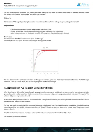 The plot above shows the variation of Total Sales (y-axis) vs Age (x-axis). The data points are colored based on the PLC life stage identified: Green
for“Growth Stage”, Blue for“Maturity Stage”and Red for“Decline Stage”.
Method 2:
Identification of PLC stages by analyzing the variation in cumulative sell through rates with age of a product (Logarithmic model)
Steps followed:
• Calculated cumulative sell through rate across age at a category level
• A curve between age and cumulative sell through rate was fitted using a log linear model
• Using inflexion points of the fitted curve cut-off for different phases of product life cycle is obtained
Drawbacks:
Visual inspection of the fitted curve does not reveal any PLC stages
This method could not capture the trend as accurately as the log-growth models
The plot above shows the variation of Cumulative sell through rate (y-axis) vs Age (x-axis). The data points are colored based on the PLC life stage
identified: Green for“Growth Stage”, Blue for“Maturity Stage”and Red for“Decline Stage”.
After identifying the different PLC phases for each category, this information can be used directly to determine when promotions need to be
provided to sustain product sales. It can also be incorporated into a model as an independent categorical variable to understand the impact of the
different PLC phases on predicting demand.
In the context of this paper, we used the PLC phases identified as a categorical variable in the price elasticity model to understand the effect of each
phase separately. The process was as follows:
The final sales prediction model had data aggregated at a cluster and sales week level. PLC phase information was added to the sales forecasting
model by classifying each week in the cluster-week data into “Growth”, “Maturity” or “Decline”, based on the average age of the products in that
cluster and week.
This PLC classification variable was treated as a factor variable so that we can obtain coefficients for each PLC stage.
The modeling equation obtained was:
Affine www.affinenalytics.com
F. Application of PLC stages in Demand prediction
Affine Blog
Product Life Cycle Management in Apparel Industry
 