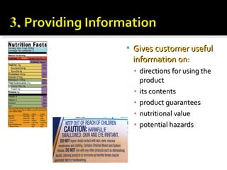  Gives customer usefulGives customer useful
information on:information on:
▪ directions for using thedirections for using the
productproduct
▪ its contentsits contents
▪ product guaranteesproduct guarantees
▪ nutritional valuenutritional value
▪ potential hazardspotential hazards
 