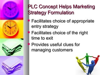 PLC Concept Helps Marketing
Strategy Formulation
   Facilitates choice of appropriate
    entry strategy
   Facilitates choice of the right
    time to exit
   Provides useful clues for
    managing customers
 