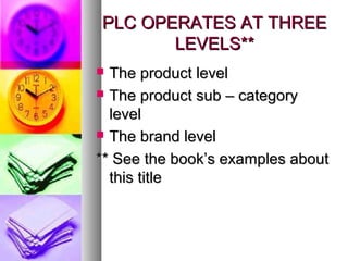 PLC OPERATES AT THREE
       LEVELS**
 The product level
 The product sub – category
  level
 The brand level

** See the book’s examples about
  this title
 
