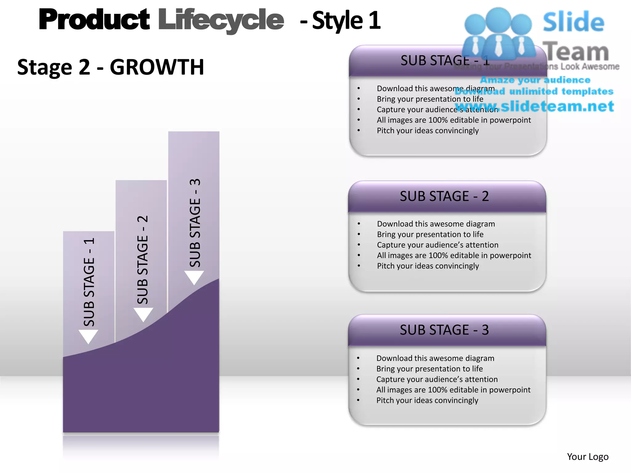 Product Lifecycle - Style 1
                                                               SUB STAGE - 1
Stage 2 - GROWTH
                                                     •   Download this awesome diagram
                                                     •   Bring your presentation to life
                                                     •   Capture your audience’s attention
                                                     •   All images are 100% editable in powerpoint
                                                     •   Pitch your ideas convincingly




                                     SUB STAGE - 3             SUB STAGE - 2
                     SUB STAGE - 2




                                                     •   Download this awesome diagram
                                                     •   Bring your presentation to life
     SUB STAGE - 1




                                                     •   Capture your audience’s attention
                                                     •   All images are 100% editable in powerpoint
                                                     •   Pitch your ideas convincingly




                                                               SUB STAGE - 3
                                                     •   Download this awesome diagram
                                                     •   Bring your presentation to life
                                                     •   Capture your audience’s attention
                                                     •   All images are 100% editable in powerpoint
                                                     •   Pitch your ideas convincingly




                                                                                                      Your Logo
 