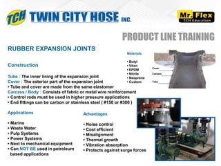 RUBBER EXPANSION JOINTS
Construction
Tube : The inner lining of the expansion joint
Cover : The exterior part of the expansion joint
• Tube and cover are made from the same elastomer
Carcass / Body : Consists of fabric or metal wire reinforcement
• Control rods must be used in higher pressure applications
• End fittings can be carbon or stainless steel ( #150 or #300 )
PRODUCT LINE TRAINING
Materials
• Butyl
• Viton
• EPDM
• Nitrile
• Neoprene
• Custom
Applications
• Marine
• Waste Water
• Pulp Systems
• Power Systems
• Next to mechanical equipment
• Can NOT BE used in petroleum
based applications
Advantages
• Noise control
• Cost efficient
• Misalignment
• Thermal growth
• Vibration absorption
• Protects against surge forces
 