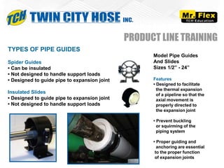 TYPES OF PIPE GUIDES
Spider Guides
• Can be insulated
• Not designed to handle support loads
• Designed to guide pipe to expansion joint
Insulated Slides
• Designed to guide pipe to expansion joint
• Not designed to handle support loads
PRODUCT LINE TRAINING
Model Pipe Guides
And Slides
Sizes 1/2” - 24”
Features
• Designed to facilitate
the thermal expansion
of a pipeline so that the
axial movement is
properly directed to
the expansion joint
• Prevent buckling
or squirming of the
piping system
• Proper guiding and
anchoring are essential
to the proper function
of expansion joints
 