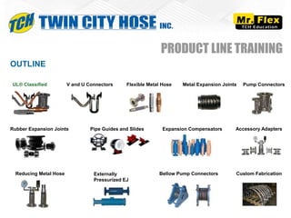 Externally
Pressurized EJ
OUTLINE
Flexible Metal Hose
V and U Connectors
Expansion Compensators
Metal Expansion Joints Pump Connectors
Rubber Expansion Joints Pipe Guides and Slides Accessory Adapters
Reducing Metal Hose Bellow Pump Connectors Custom Fabrication
PRODUCT LINE TRAINING
UL® Classified
 