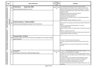 Type 
Coverage / 
coat - smooth 
surface 
Features 
Items with Prices 
Mx Cool Top Mx Cool Top is Single component bright white cool coat applied as top 
ter proofing Solutions…….Roof Water proofing Solutions…….Roof Water proofing Solutions…….R 
Solutions 
18 
Hi Seal Slurry (Super later SPR) 80 sq ft / per 
ltr 
It is a white milky compound acrylic latex polymeric additive. 
*Upon adding cement and water it forms a water-based protective 
elastomeric & dusty grey coloured waterproof coating . It is used for 
* Waterproofing building terraces; toilets; walls; basements. Repair of 
damaged concrete. 
*Waterproofing water tanks and swimming pools. 
* Bonding new concrete to old concrete. 
* Patching and levelling applications. 
*Additive with cement paints to improve its waterproofing property, 
coverage and life . 
*Ratio of Cement : Water: Hi Seal Slurry =2: 0.6: 2 
Waterproofing base coating for cool roof 
19 
Hi Seal Coat Slurry ( Pedicrete MPB ) 
Hi-Seal Coat Slurry is light grey coloured single component polymerized 
powder. 
*It forms a dusty grey coloured flexible film. It is used for 
* Waterproofing of roofs. 
*Minor and major vertical or horizontal cracks of all masonry, concretes 
etc. 
*Apply as a sandwich layer on RCC. 
* Used as sandwitch layer for adhesion of another layer pf cement IPS. 
* Apply between old & new cement work 
Elastomeric waterproofing base coating for roof- In pwd Form 
20 
Transcoat Gloss - PU Base 
Transcoat is PUD based waterproofing solution . 
*It I used as a Glossy top coat for Cool Guard to increase life of Cool 
Roofs. 
*Trancoat layer acts as a lacquer for the paver blocks, stone facades, 
floors etc. 
Transparent- gloss finish top coat for water & dust repellence For Cool Roof on Metal 
sheets/ Pavement 
21 
Transeal PF 70 sq ft / per 
ltr 
Transeal PF is Water Repellent & film Forming Nano emulsion working 
on silicone cross linking polymer technology. 
*TranSeal PF is used as base layer for waterproofing application when 
there are micro cracks and high porosity on the RCC surface or cemented 
IPS, China mosaic. 
*To water proof the roofs / horizontal surfaces having micro pores. 
*It protects the surface from water to overcome the problem of 
efflorescence and algae / fungus formation on the surface. 
*In micro cracks it needs to be injected for best results. 
*Transeal PF treated surface needs to be coated by Hi Seal Slurry / Mx 
Cool Guard. 
Penetrating / Film forming Waterproofing coating 
page 6 of 10 
 