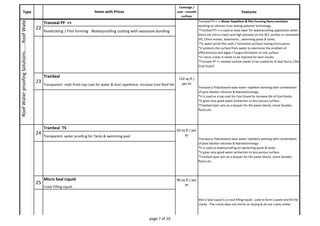 Type 
Coverage / 
coat - smooth 
surface 
Features 
Items with Prices 
Mx Cool Top Mx Cool Top is Single component bright white cool coat applied as top 
Roof Water proofing Solutions…….Roof Water proofing 22 
Transeal PF ++ Transeal PF++ is Water Repellent & film Forming Nano emulsion 
working on silicone cross linking polymer technology. 
*TranSeal PF++ is used as base layer for waterproofing application when 
there are micro cracks and high porosity on the RCC surface or cemented 
IPS, China mosaic, basements , swimming pools & tanks. 
*To water proof the roofs / horizontal surfaces having micro pores. 
*It protects the surface from water to overcome the problem of 
efflorescence and algae / fungus formation on the surface. 
*In micro cracks it needs to be injected for best results. 
*Transeal PF ++ treated surface needs to be coated by Hi Seal Slurry / Mx 
Cool Guard. 
Penetrating / Film forming Waterproofing coating with excessive bonding 
23 
TranSeal 
110 sq ft / 
per ltr 
Transeal is Polysiloxane base water repellent working with combination 
of pore blocker silicones & Nanotechnology. 
*It is used as a top coat for Cool Guard to increase life of Cool Roofs. 
*It gives very good water protection to less porous surface. 
*TranSeal layer acts as a lacquer for the paver blocks, stone facades, 
floors etc. 
Transparent- matt finish top coat for water & dust repellence- Increase Cool Roof life 
24 
TranSeal TS 
60 sq ft / per 
ltr 
Transeal is Polysiloxane base water repellent working with combination 
of pore blocker silicones & Nanotechnology. 
*It is used as waterproofing on swimming pools & tanks. 
*It gives very good water protection to less porous surface. 
*TranSeal layer acts as a lacquer for the paver blocks, stone facades, 
floors etc. 
Transparent- water proofing for Tanks & swimming pool 
25 
Micro Seal Liquid 90 sq ft / per 
ltr 
Micro Seal Liquid is a crack filling liquid ; used to form a paste and fill the 
cracks . The cracks does not shrink on drying & do not cracks either. 
Crack Filling Liquid 
page 7 of 10 
 