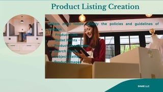 Product Listing Creation
Sellers must follow strictly the policies and guidelines of
Amazon
• Product Title
• Bullet Points
• Product Description
• Search Terms
• Subject Matter
• Product Images
SHMIE LLC
 