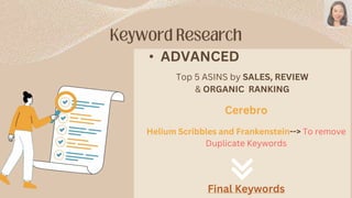 • ADVANCED
Cerebro
Helium Scribbles and Frankenstein--> To remove
Duplicate Keywords
Final Keywords
Top 5 ASINS by SALES, REVIEW
& ORGANIC RANKING
 