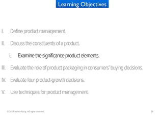 Learning Objectives



I.      Define product management.

II. Discuss the constituents of a product.

       i.        Ex...