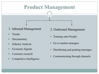 Product Management
1. Inbound Management
• Trends
• Documentary
• Industry Analysis
• Economic Signals
• Customer research
• Competitive Intelligence
2. Outbound Management
• Training sales People
• Go to market strategies
• Distributing and pushing messages
• Communicating through channels
 