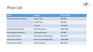 Price List 
Brand Product Price (in INR) 
Allen Solly (Women’s Wear) Woven Tops 599-999 
Knitted Tops 499-999 
Trousers 799-1099 
Allen Solly (Clean Jeans) WorkWear Jeans 1099-1399 
Peter England (Elements) Core Denim Jeans 595-895 
Peter England (Elite) Contemporary Work Wear 900-1200 
Van Heusen (V Dot) Party & Casual Wear Shirts 1500-3000 
San Frisco (SF Jeans) Denim Variation 895-1395 
 