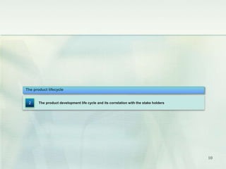 The product lifecycle 
The product development life cycle and its correlation with the stake holders 
2 
10 
 