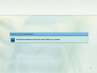 Definition & Key stakeholders 
Theoretical definitions and the key stake holders for a product 
1 
5 
 