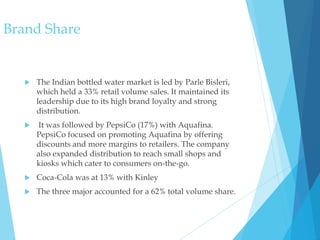 Brand Share
 The Indian bottled water market is led by Parle Bisleri,
which held a 33% retail volume sales. It maintained its
leadership due to its high brand loyalty and strong
distribution.
 It was followed by PepsiCo (17%) with Aquafina.
PepsiCo focused on promoting Aquafina by offering
discounts and more margins to retailers. The company
also expanded distribution to reach small shops and
kiosks which cater to consumers on-the-go.
 Coca-Cola was at 13% with Kinley
 The three major accounted for a 62% total volume share.
 