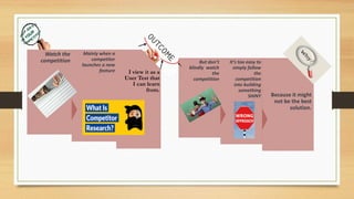 I view it as a
User Test that
I can learn
from.
Mainly when a
competitor
launches a new
feature
Watch the
competition
Because it might
not be the best
solution.
It’s too easy to
simply follow
the
competition
into building
something
SHINY
But don’t
blindly watch
the
competition
 