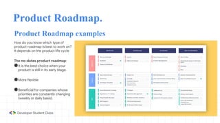 Product Roadmap.
Product Roadmap examples
How do you know which type of
product roadmap is best to work on?
It depends on ...
