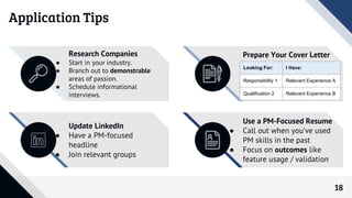 18
Application Tips
Research Companies
● Start in your industry.
● Branch out to demonstrable
areas of passion.
● Schedule informational
interviews.
Prepare Your Cover Letter
Update LinkedIn
● Have a PM-focused
headline
● Join relevant groups
Use a PM-Focused Resume
● Call out when you’ve used
PM skills in the past
● Focus on outcomes like
feature usage / validation
Looking For: I Have:
Responsibility 1 Relevant Experience A
Qualification 2 Relevant Experience B
 