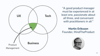 10
“A good product manager
must be experienced in at
least one, passionate about
all three, and conversant
with practitioners in all.”
Martin Eriksson
Founder, MindTheProduct
 
