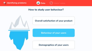 How to study user behaviour?
Data Users’ voiceIdentifying problems Data Users’ voiceIdentifying problems
Demographics of your users
Demographics of your
users
Overall satisfaction of your product
Behaviour of your users
Demographics of your users
 