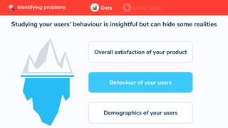 Studying your users’ behaviour is insightful but can hide some realities
Data Users’ voiceIdentifying problems Data Users’ voiceIdentifying problems
Demographics of your users
Overall satisfaction of your product
Behaviour of your users
Demographics of your users
 