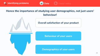 45
Hence the importance of studying user demographics, not just users’
behaviour!
Data Users’ voice
Behaviour of your users
Demographics of your users
Identifying problems Data Users’ voiceIdentifying problems
Overall satisfaction of your product
Behaviour of your users
Demographics of your users
 