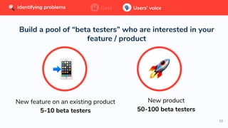 53
Build a pool of “beta testers” who are interested in your
feature / product
New feature on an existing product
5-10 beta testers
New product
50-100 beta testers
Data Users’ voiceIdentifying problems Data Users’ voiceIdentifying problems Data Users’ voiceIdentifying problems
 