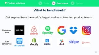 66
💡 Finding solutions Tools Benchmark Sprints
What to benchmark?
Get inspired from the world’s largest and most talented product teams:
Consumer
apps
B2B
companies
Tools BenchmarkFinding solutions Sprints💡 Finding solutions Tools Benchmark SprintsTools BenchmarkFinding solutions Sprints
 