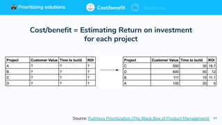 84
Cost/benefit Roadmap
Cost/benefit = Estimating Return on investment
for each project
Source: Ruthless Prioritization (The Black Box of Product Management)
Prioritizing solutions
 