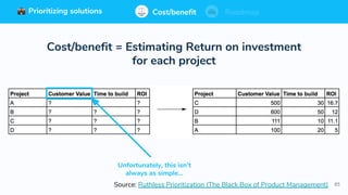 85
Prioritizing solutions ⚖ Cost/benefit Roadmap
Cost/benefit = Estimating Return on investment
for each project
Unfortunately, this isn’t
always as simple...
Source: Ruthless Prioritization (The Black Box of Product Management)
Cost/benefit RoadmapPrioritizing solutions
 