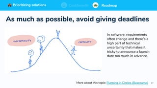 97
Prioritizing solutions ⚖ Cost/benefit Roadmap
As much as possible, avoid giving deadlines
More about this topic: Running in Circles (Basecamp)
Prioritizing solutions ⚖ Cost/benefit RoadmapPrioritizing solutions ⚖ Cost/benefit RoadmapCost/benefit RoadmapPrioritizing solutions
In software, requirements
often change and there’s a
high part of technical
uncertainty that makes it
tricky to announce a launch
date too much in advance.
 