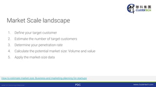 PDC
Market Scale landscape
1. Define your target customer
2. Estimate the number of target customers
3. Determine your pen...