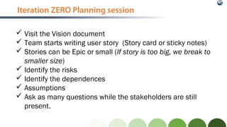 Iteration ZERO Planning session
 Visit the Vision document
 Team starts writing user story (Story card or sticky notes)
...