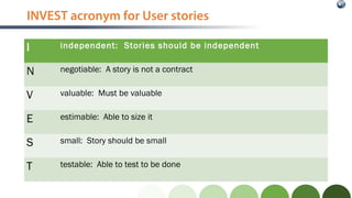 I independent:  Stories should be independent
N negotiable: A story is not a contract
V valuable: Must be valuable
E estim...