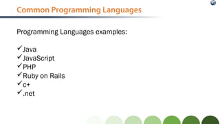 Common Programming Languages
Programming Languages examples:
Java
JavaScript
PHP
Ruby on Rails
c+
.net
 