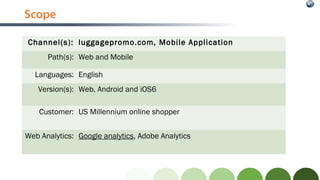Scope
Channel(s): luggagepromo.com, Mobile Application
Path(s): Web and Mobile
Languages: English
Version(s): Web, Android...