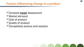 Factors influencing change in a product
Constant need Assessment
Market demand
Cost of product
Quality of product
Com...