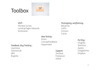 Toolbox 
11 
MVP : 
Monkey Survey 
Landing Pages-Adwords 
KickStarter 
Prototyping, wireframing: 
Balsamiq 
UxPin 
InVision 
Cacoo 
Feedback, Bug Tracking : 
UserVoice 
OpinionLab 
JIRA 
Bugzilla 
Prj Mng : 
Insightly 
Teambox 
Apollo 
GoogleDrive 
Dropbox 
Idea Testing : 
Pickfu 
ConceptFeedback 
Hypeanidea 
Support: 
ZenDesk 
Freelancer 
oDesk 
