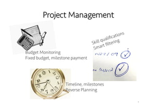 Project Management 
7 
Skill qualifications 
Smart filtering 
Budget Monitoring 
Fixed budget, milestone payment 
Timeline, milestones 
Reverse Planning 
 