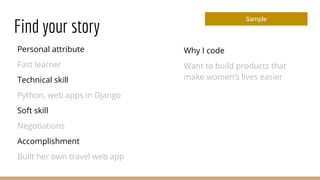 Find your story
Personal attribute
Fast learner
Technical skill
Python, web apps in Django
Soft skill
Negotiations
Accomplishment
Built her own travel web app
Sample
Why I code
Want to build products that
make women’s lives easier
 