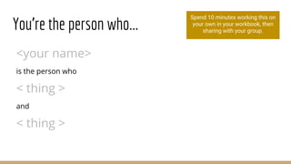 You’re the person who...
Spend 10 minutes working this on
your own in your workbook, then
sharing with your group.
<your name>
is the person who
< thing >
and
< thing >
 