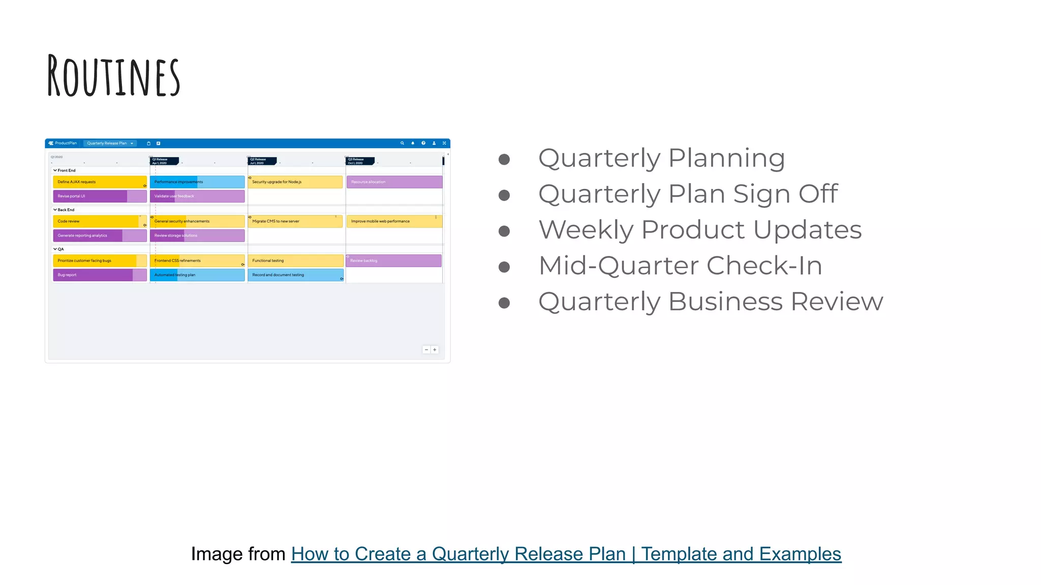 Routines
● Quarterly Planning
● Quarterly Plan Sign Off
● Weekly Product Updates
● Mid-Quarter Check-In
● Quarterly Business Review
Image from How to Create a Quarterly Release Plan | Template and Examples
 