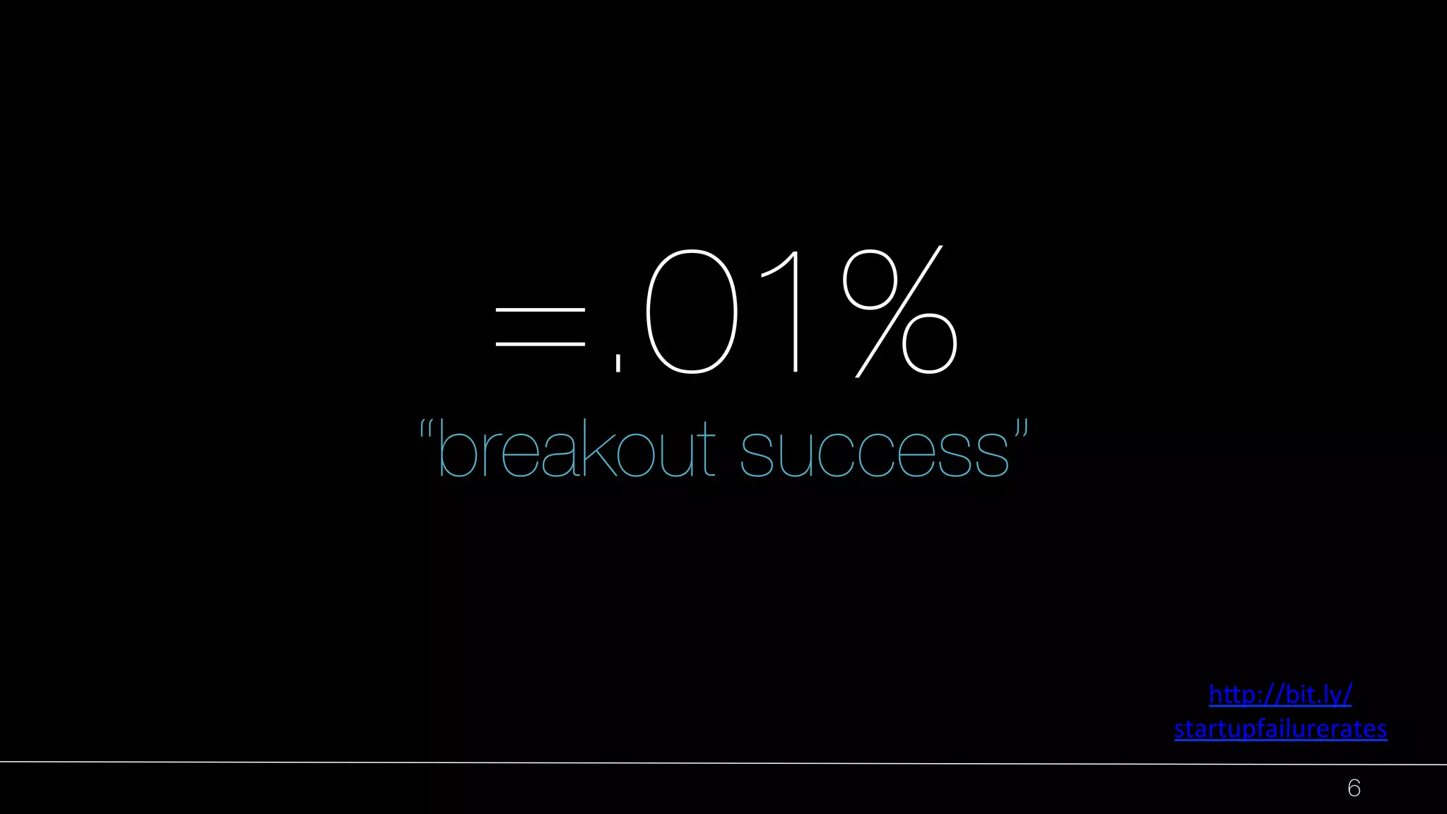 Source: 
h"p://bit.ly/ 
startupfailurerates 
6 
=.01%" 
“breakout success” 
 