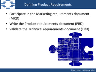 Defining Product Requirements

• Participate in the Marketing requirements document
  (MRD)
• Write the Product requirements document (PRD)
• Validate the Technical requirements document (TRD)




                                        Thierry Lefort – @thierry_lefort
 