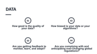 How good is the quality of
your data?
01
How biased is your data or your
algorithms?
02
Are you getting feedback to
monitor, learn, and adapt?
03
Are you complying with and
anticipating ever-changing global
regulations?
04
DATA
 