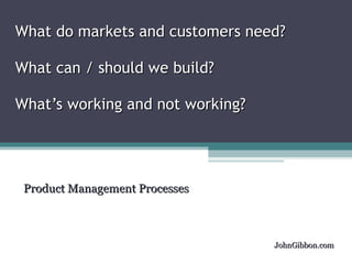 What do markets and customers need?  What can / should we build? What’s working and not working? Product Management Processes JohnGibbon.com 