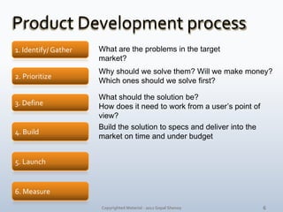 Product Development process<br />1. Identify/ Gather<br />What are the problems in the target market?<br />Why should we s...